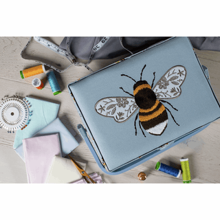 Blue Bees Sewing Box with Embroidered Lid - Medium