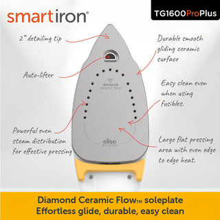 Oliso ProPlus Auto-lift Smart Iron TG1600 pro plus ** new model now with FREE MINI pressing board exclusive to the Outlet ** - For general ironing, plus features for quilters and sewists